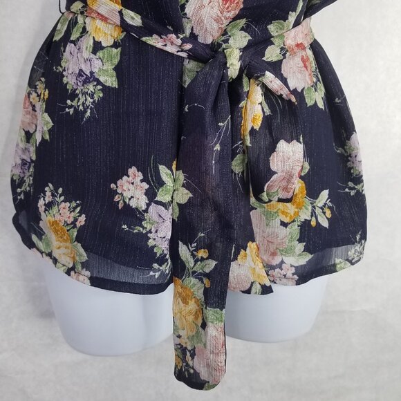 GIBSON LOOK Blouse Women XS One Shoulder Tie Waist Black Floral Side Zip Top NEW - Picture 7 of 16